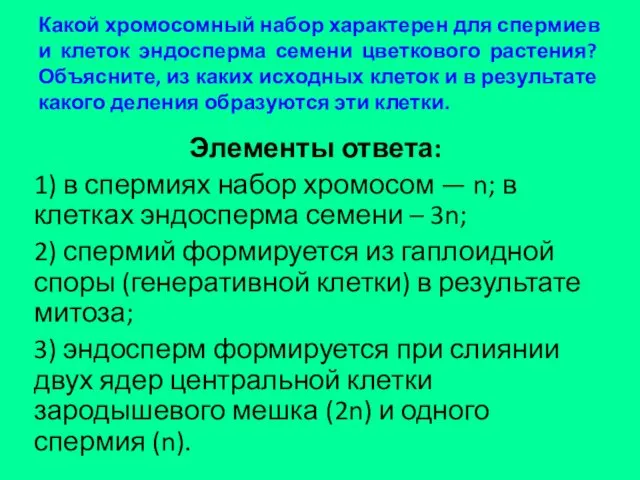 Какой хромосомный набор характерен для спермиев и клеток эндосперма семени цветкового