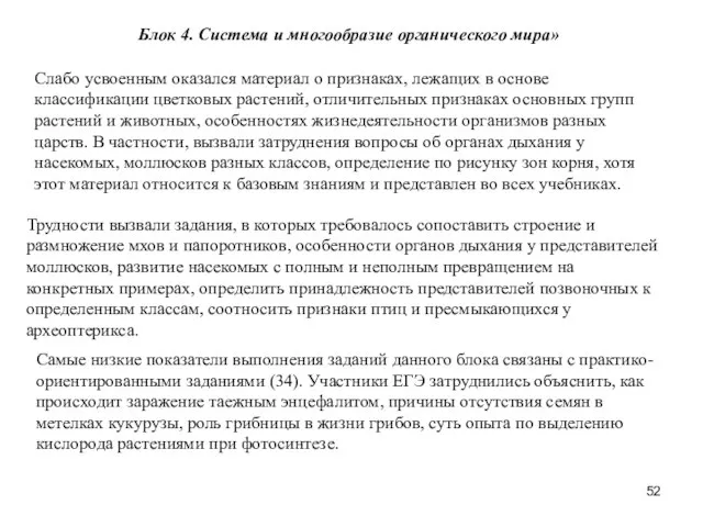 Блок 4. Система и многообразие органического мира» Слабо усвоенным оказался материал