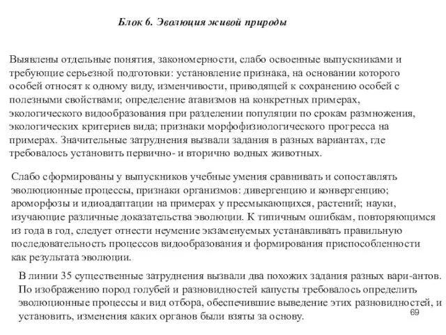 Блок 6. Эволюция живой природы Выявлены отдельные понятия, закономерности, слабо освоенные