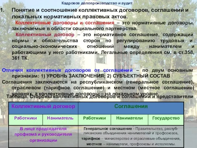 Кадровое делопроизводство и аудит Понятие и соотношение коллективных договоров, соглашений и