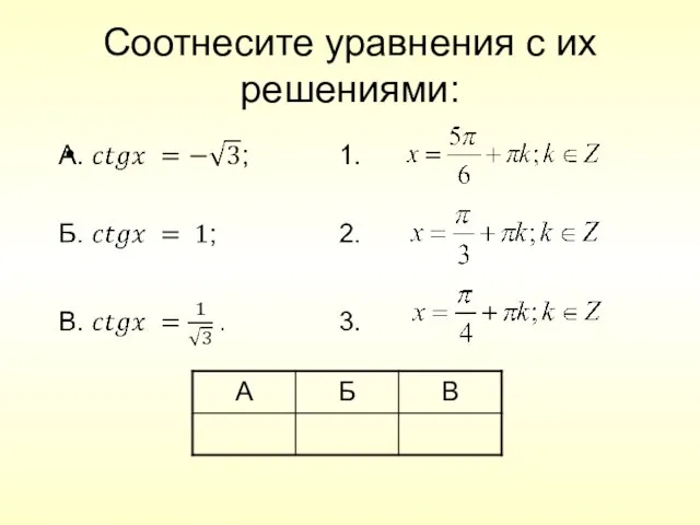 Соотнесите уравнения с их решениями: