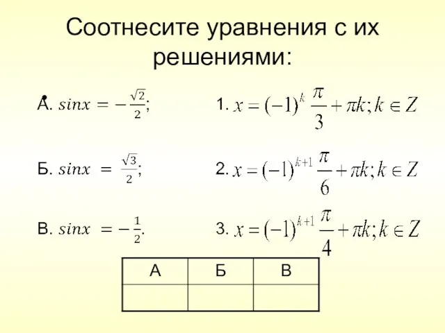 Соотнесите уравнения с их решениями: