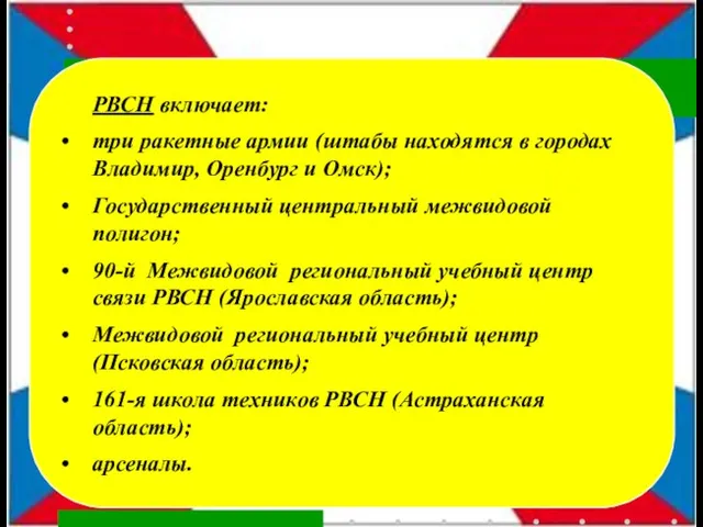 РВСН включает: три ракетные армии (штабы находятся в городах Владимир, Оренбург