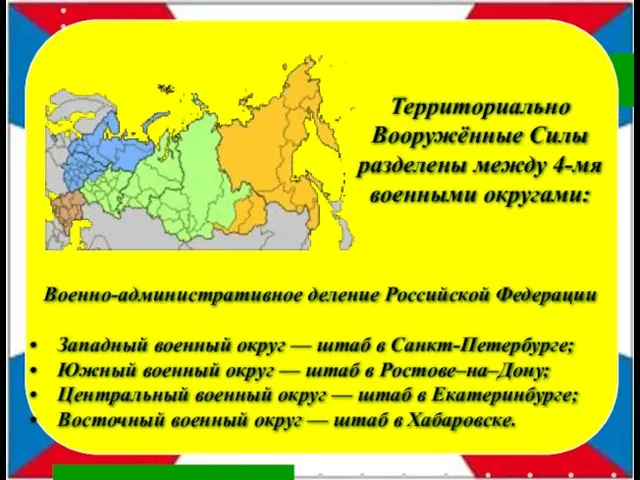 Территориально Вооружённые Силы разделены между 4-мя военными округами: Военно-административное деление Российской