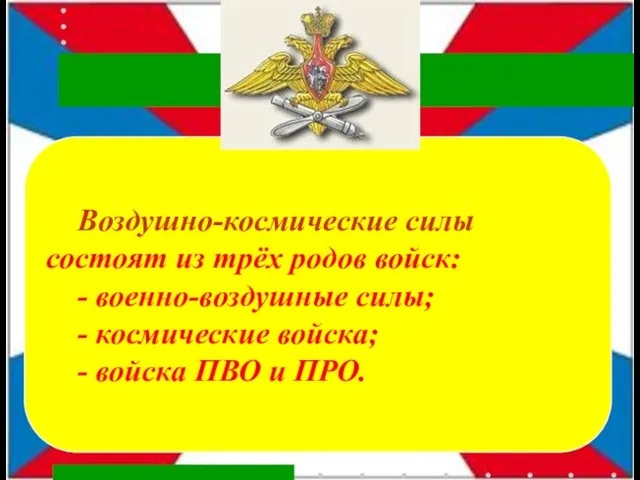 Эмблема Военно-Воздушных Сил РФ Воздушно-космические силы состоят из трёх родов войск: