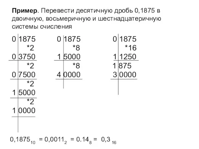 Пример. Перевести десятичную дробь 0,1875 в двоичную, восьмеричную и шестнадцатеричную системы