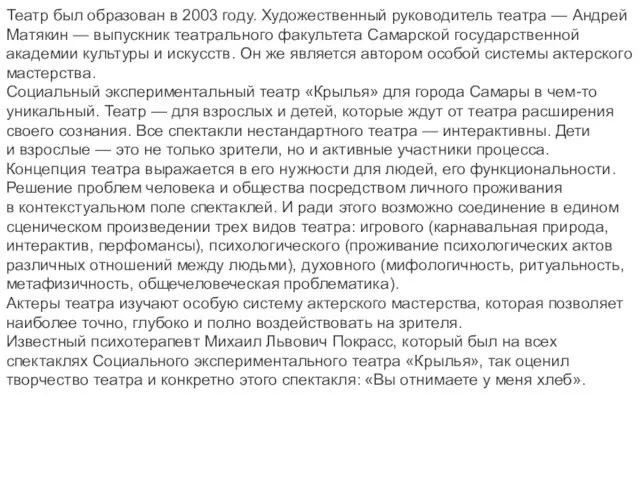 Театр был образован в 2003 году. Художественный руководитель театра — Андрей