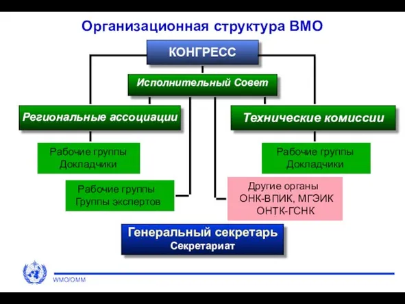 Организационная структура ВМО КОНГРЕСС Исполнительный Совет Региональные ассоциации Технические комиссии Рабочие