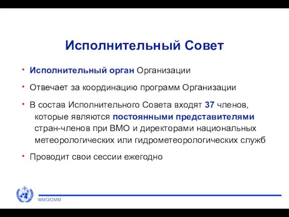 Исполнительный Совет Исполнительный орган Организации Отвечает за координацию программ Организации В