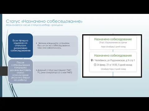 Статус «Назначено собеседование» Назначается после статуса «отбор пройден»