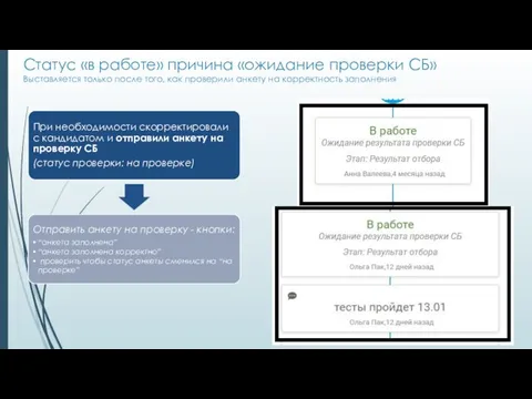 Статус «в работе» причина «ожидание проверки СБ» Выставляется только после того,