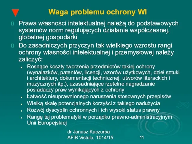 dr Janusz Kaczurba AFiB Vistula, 1014/15 Waga problemu ochrony WI Prawa