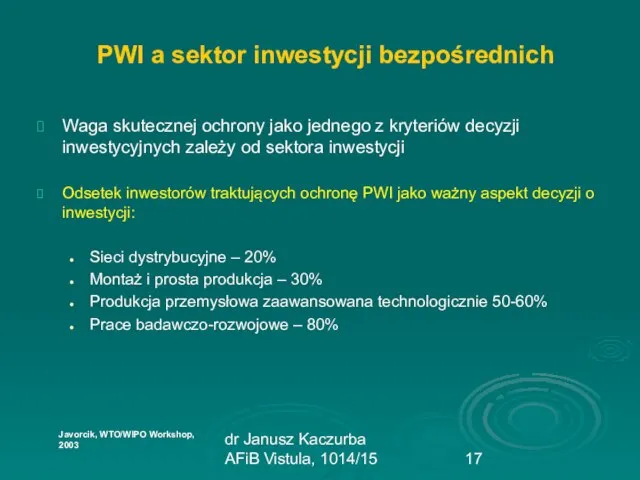 dr Janusz Kaczurba AFiB Vistula, 1014/15 PWI a sektor inwestycji bezpośrednich