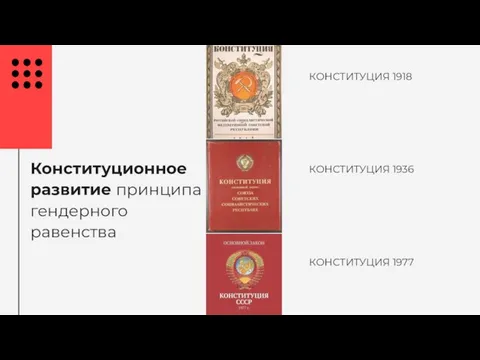 КОНСТИТУЦИЯ 1918 КОНСТИТУЦИЯ 1936 КОНСТИТУЦИЯ 1977 Конституционное развитие принципа гендерного равенства