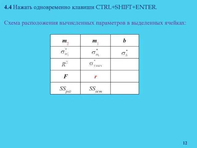 Схема расположения вычисленных параметров в выделенных ячейках: 4.4 Нажать одновременно клавиши CTRL+SHIFT+ENTER.