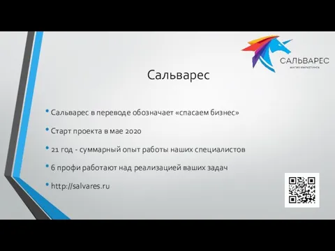 Сальварес Сальварес в переводе обозначает «спасаем бизнес» Старт проекта в мае