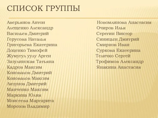 СПИСОК ГРУППЫ Аверьянов Антон Новомлинова Анастасия Алещенко Александр Очиров Илья Васильев