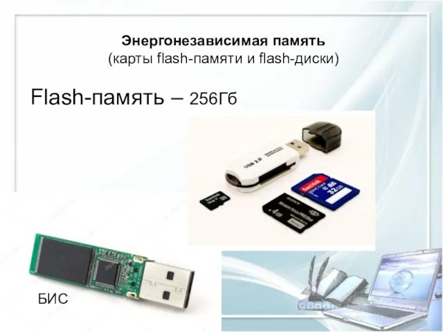 Flash-память – 256Гб БИС Энергонезависимая память (карты flash-памяти и flash-диски)