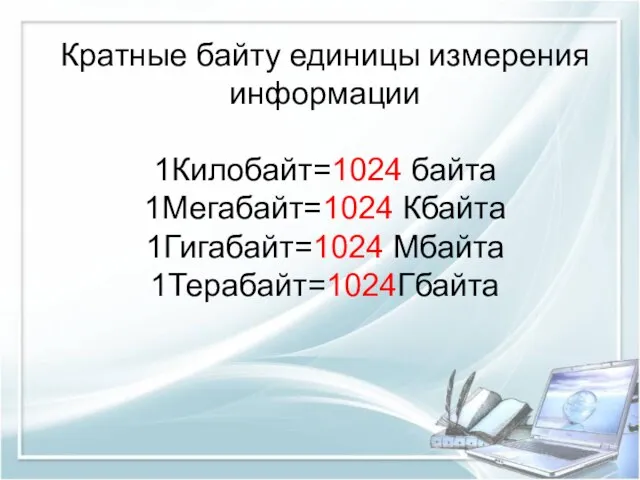 Кратные байту единицы измерения информации 1Килобайт=1024 байта 1Мегабайт=1024 Кбайта 1Гигабайт=1024 Мбайта 1Терабайт=1024Гбайта