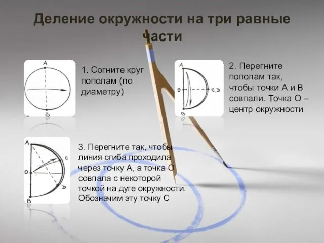 Деление окружности на три равные части 1. Согните круг пополам (по