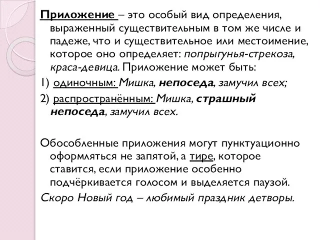 Приложение – это особый вид определения, выраженный существительным в том же