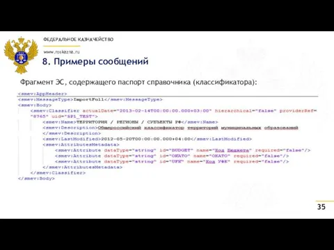 8. Примеры сообщений Фрагмент ЭС, содержащего паспорт справочника (классификатора):