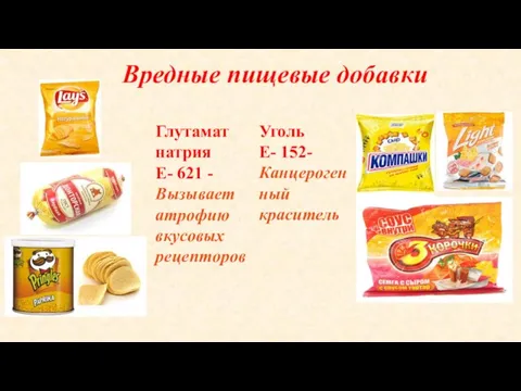 Глутамат натрия Е- 621 - Вызывает атрофию вкусовых рецепторов Уголь Е- 152-Канцерогенный краситель Вредные пищевые добавки