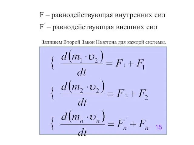 F – равнодействующая внутренних сил F´ – равнодействующая внешних сил Запишем