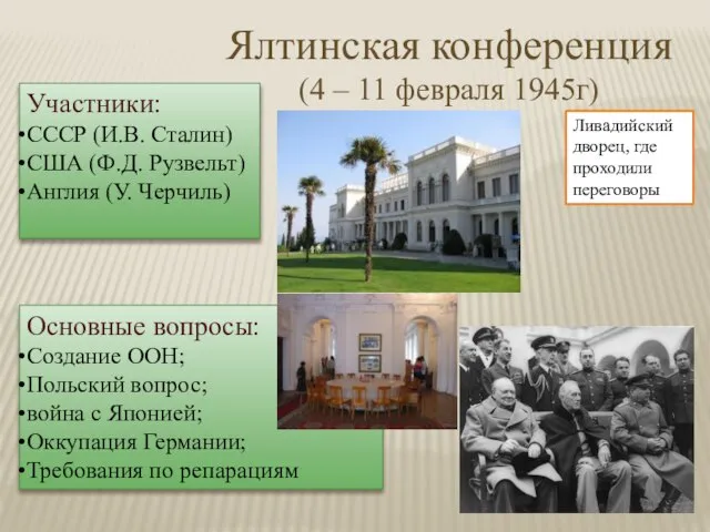 Ялтинская конференция (4 – 11 февраля 1945г) Участники: СССР (И.В. Сталин)