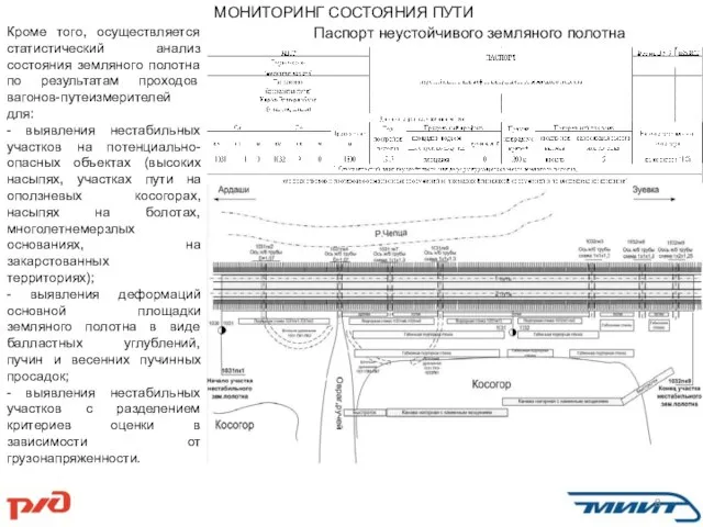 МОНИТОРИНГ СОСТОЯНИЯ ПУТИ Паспорт неустойчивого земляного полотна Кроме того, осуществляется статистический