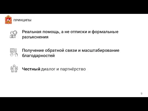 ПРИНЦИПЫ Реальная помощь, а не отписки и формальные разъяснения Получение обратной