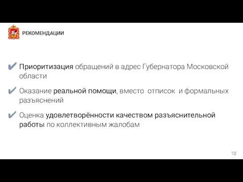 РЕКОМЕНДАЦИИ Приоритизация обращений в адрес Губернатора Московской области Оказание реальной помощи,