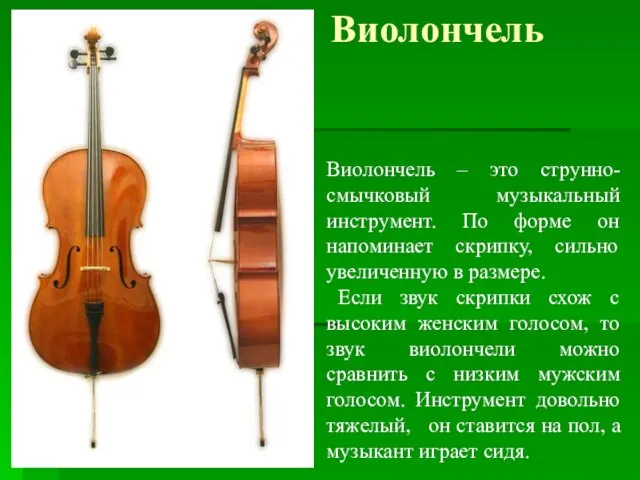 Виолончель Виолончель – это струнно-смычковый музыкальный инструмент. По форме он напоминает