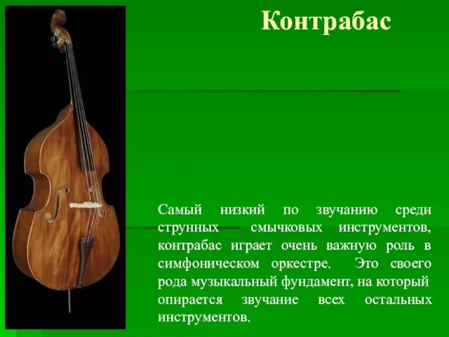 Контрабас Самый низкий по звучанию среди струнных смычковых инструментов, контрабас играет