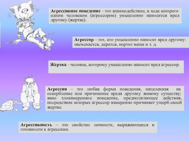 Агрессор - тот, кто умышленно наносит вред другому: насмехается, дерется, портит