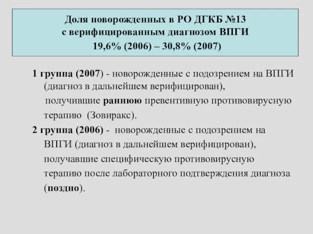 Доля новорожденных в РО ДГКБ №13 с верифицированным диагнозом ВПГИ 19,6%