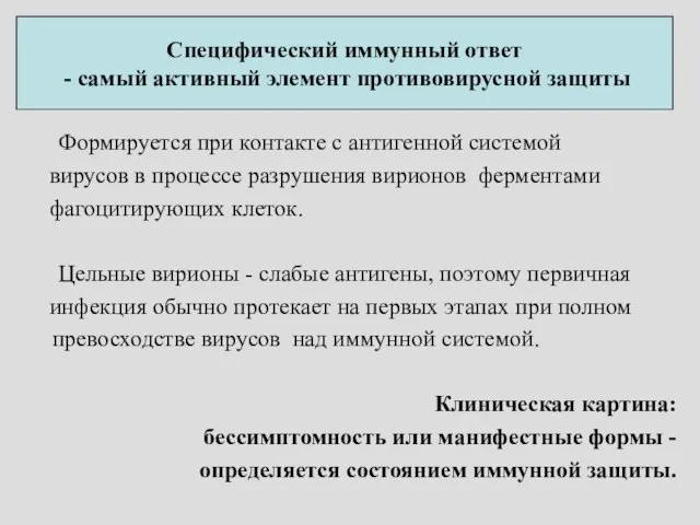 Специфический иммунный ответ - самый активный элемент противовирусной защиты Формируется при