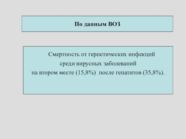 По данным ВОЗ Смертность от герпетических инфекций среди вирусных заболеваний на