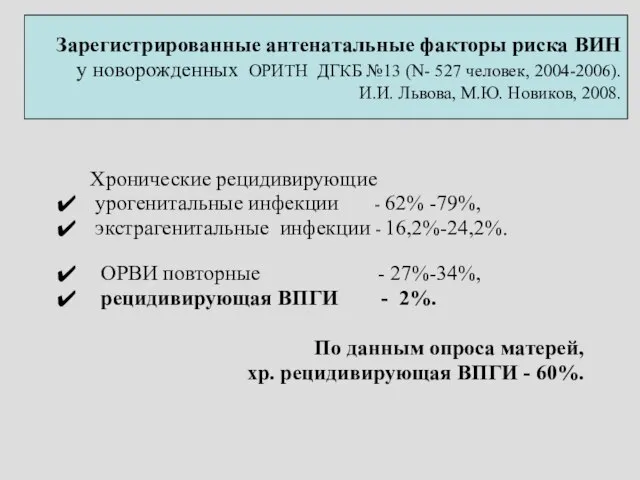 Зарегистрированные антенатальные факторы риска ВИН у новорожденных ОРИТН ДГКБ №13 (N-