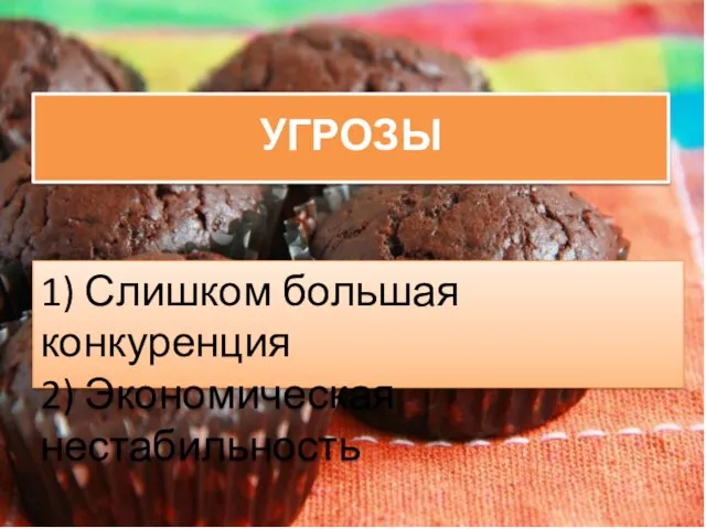 УГРОЗЫ 1) Слишком большая конкуренция 2) Экономическая нестабильность