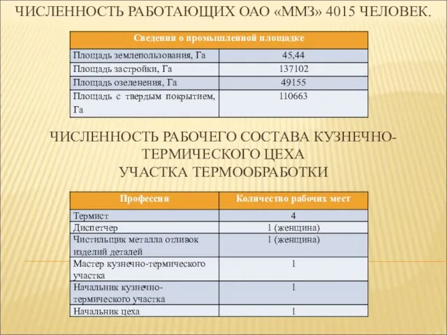 ЧИСЛЕННОСТЬ РАБОТАЮЩИХ ОАО «ММЗ» 4015 ЧЕЛОВЕК. ЧИСЛЕННОСТЬ РАБОЧЕГО СОСТАВА КУЗНЕЧНО-ТЕРМИЧЕСКОГО ЦЕХА УЧАСТКА ТЕРМООБРАБОТКИ