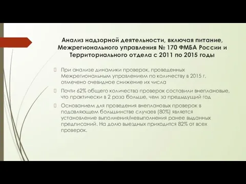 Анализ надзорной деятельности, включая питание, Межрегионального управления № 170 ФМБА России