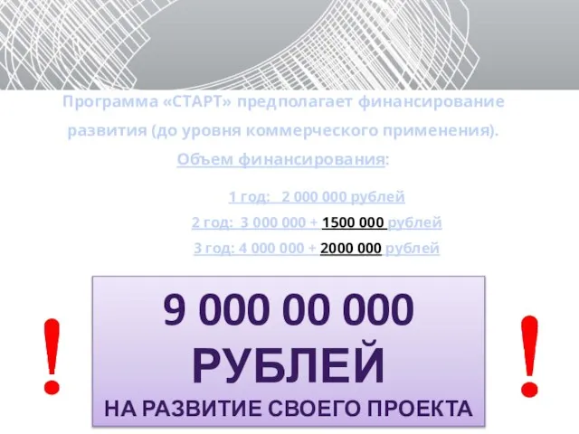 9 000 00 000 РУБЛЕЙ НА РАЗВИТИЕ СВОЕГО ПРОЕКТА Программа «СТАРТ»