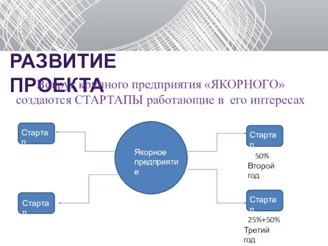 РАЗВИТИЕ ПРОЕКТА Вокруг крупного предприятия «ЯКОРНОГО» создаются СТАРТАПЫ работающие в его