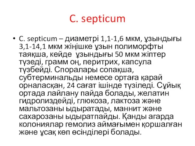 C. septicum C. septicum – диаметрі 1,1-1,6 мкм, ұзындығы 3,1-14,1 мкм
