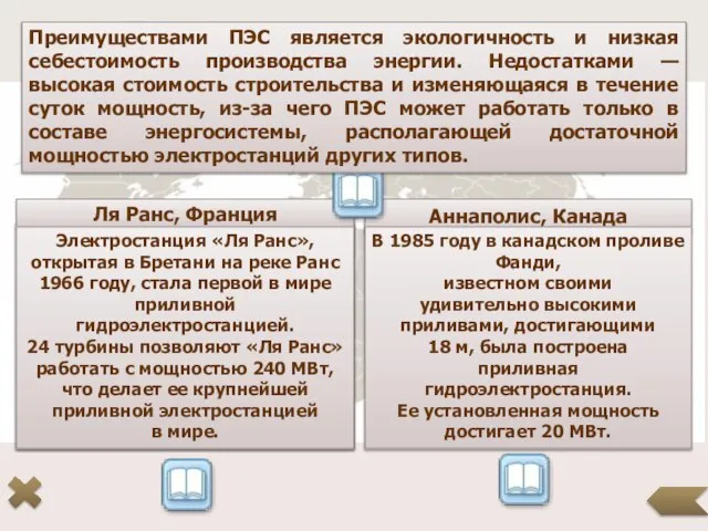 Приливные электростанции (ПЭС) Государства: Франция, Великобритания, Канада, Россия, Индия, Китай и