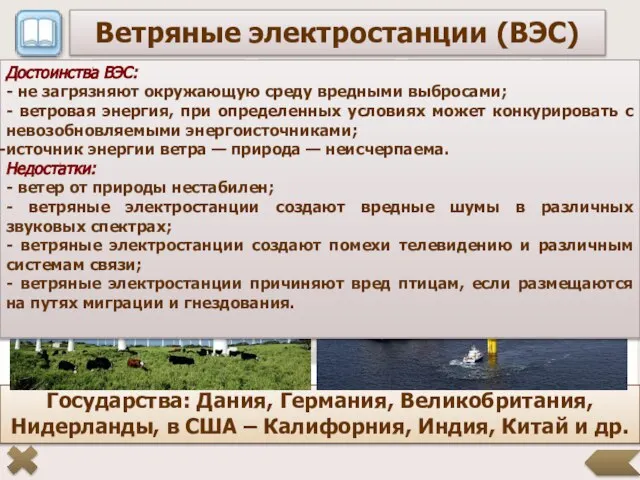 Ветряные электростанции (ВЭС) Государства: Дания, Германия, Великобритания, Нидерланды, в США –