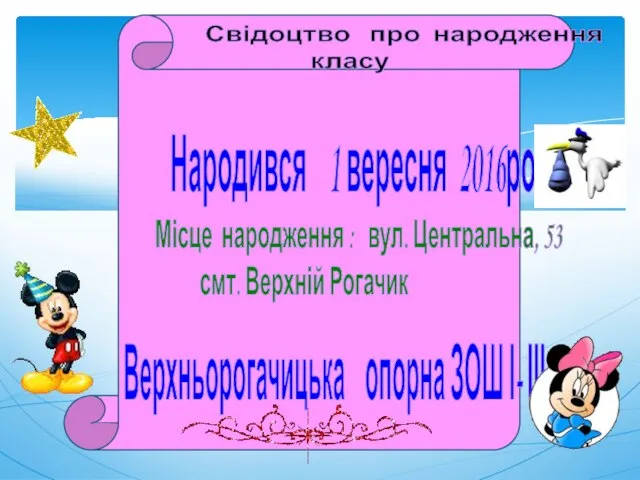 Свідоцтво про народження класу Народився 1 вересня 2016року Місце народження :