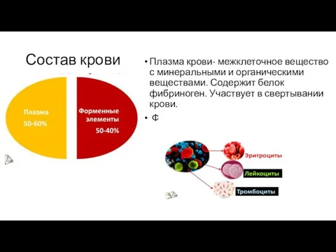 Состав крови Плазма крови- межклеточное вещество с минеральными и органическими веществами.