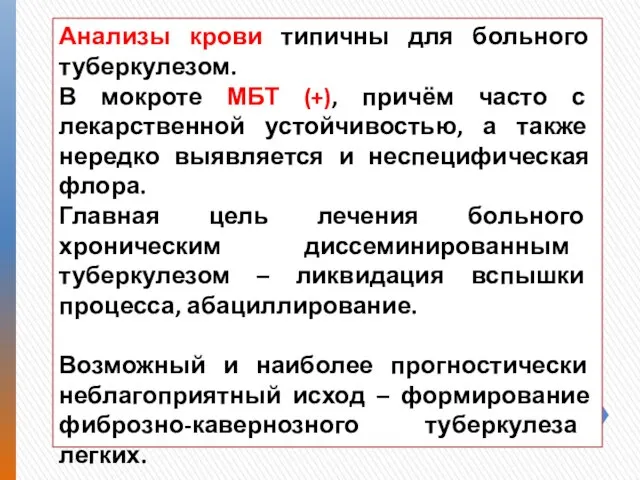 Анализы крови типичны для больного туберкулезом. В мокроте МБТ (+), причём